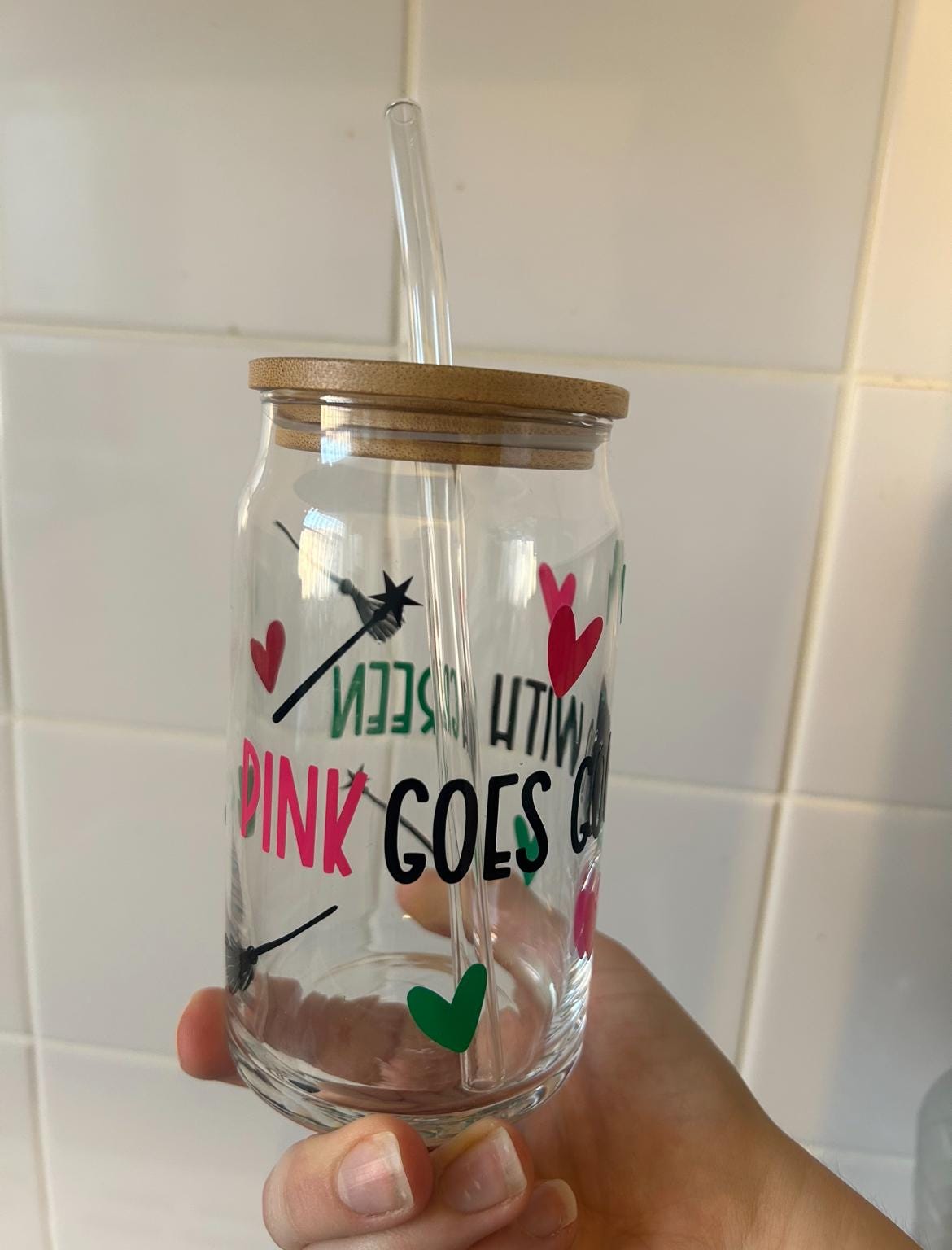 Pink goes good with green (Wicked) Glass Tumbler