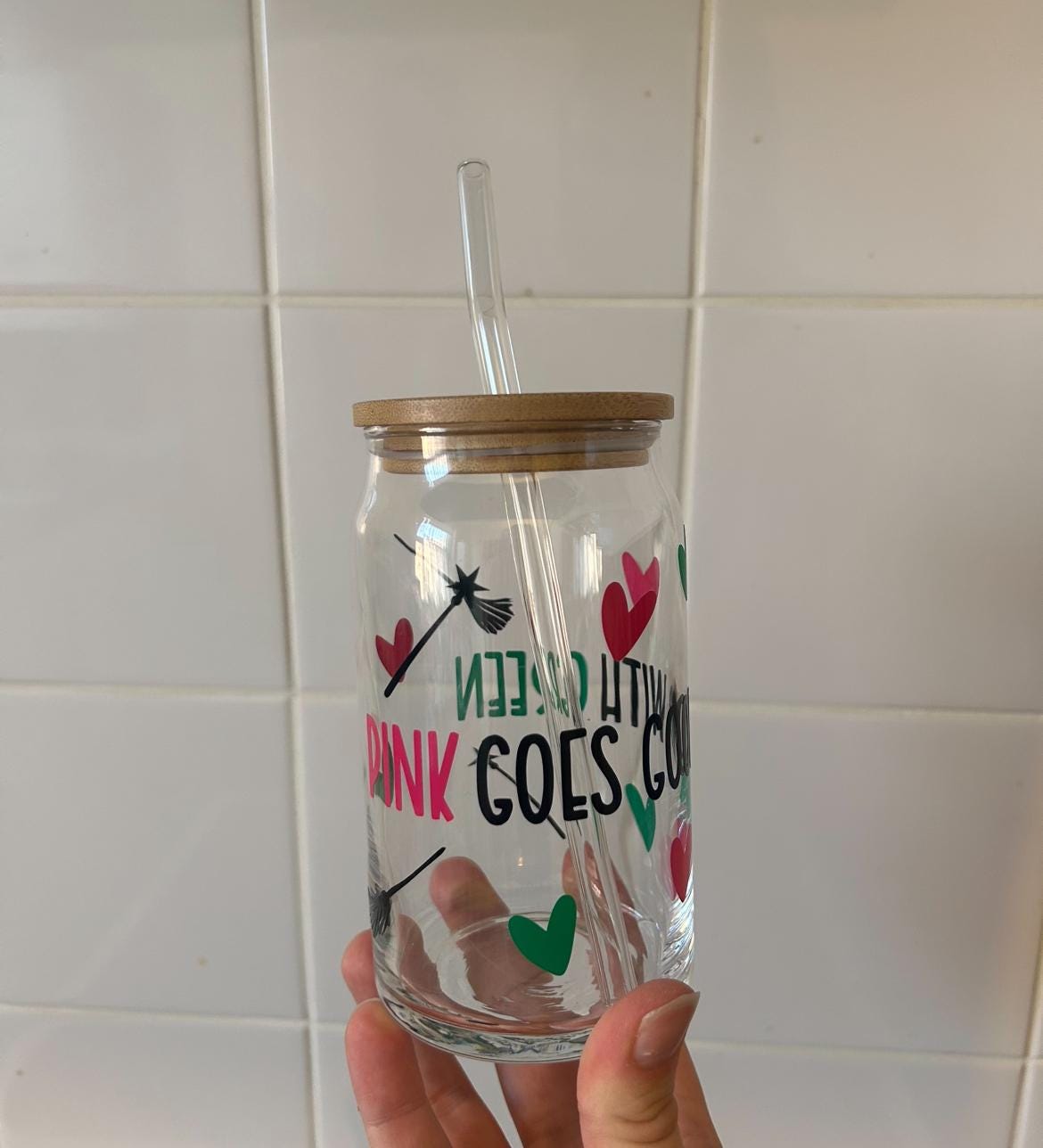 Pink goes good with green (Wicked) Glass Tumbler