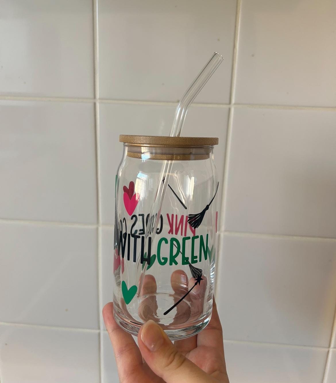 Pink goes good with green (Wicked) Glass Tumbler