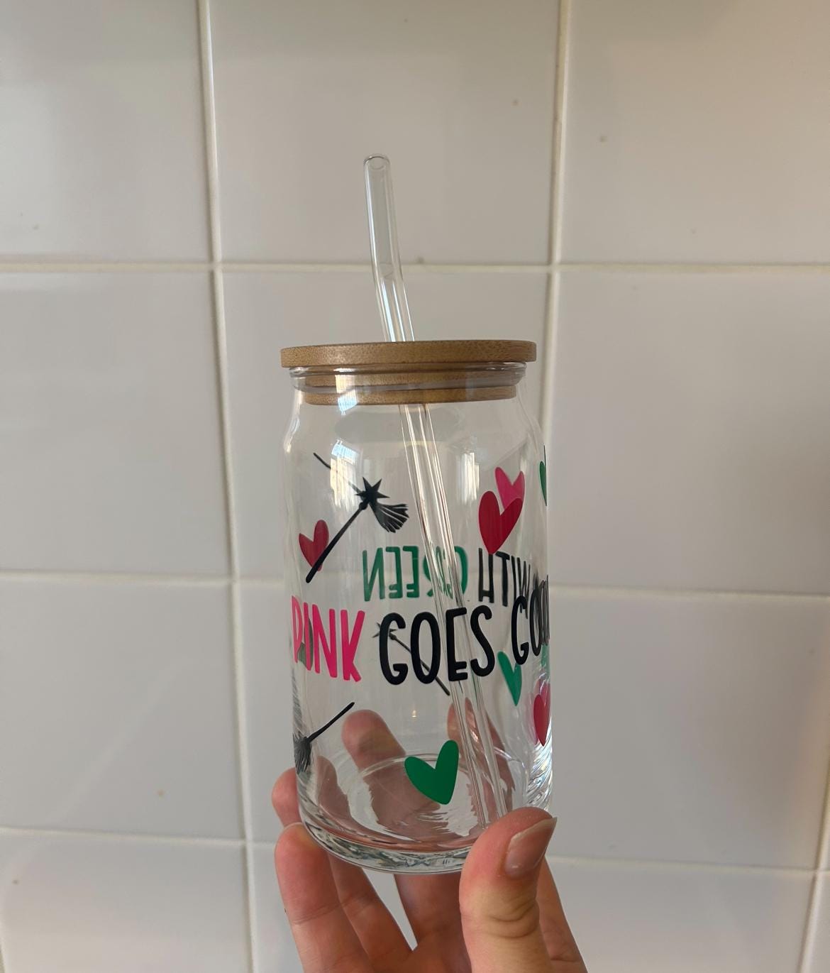 Pink goes good with green (Wicked) Glass Tumbler